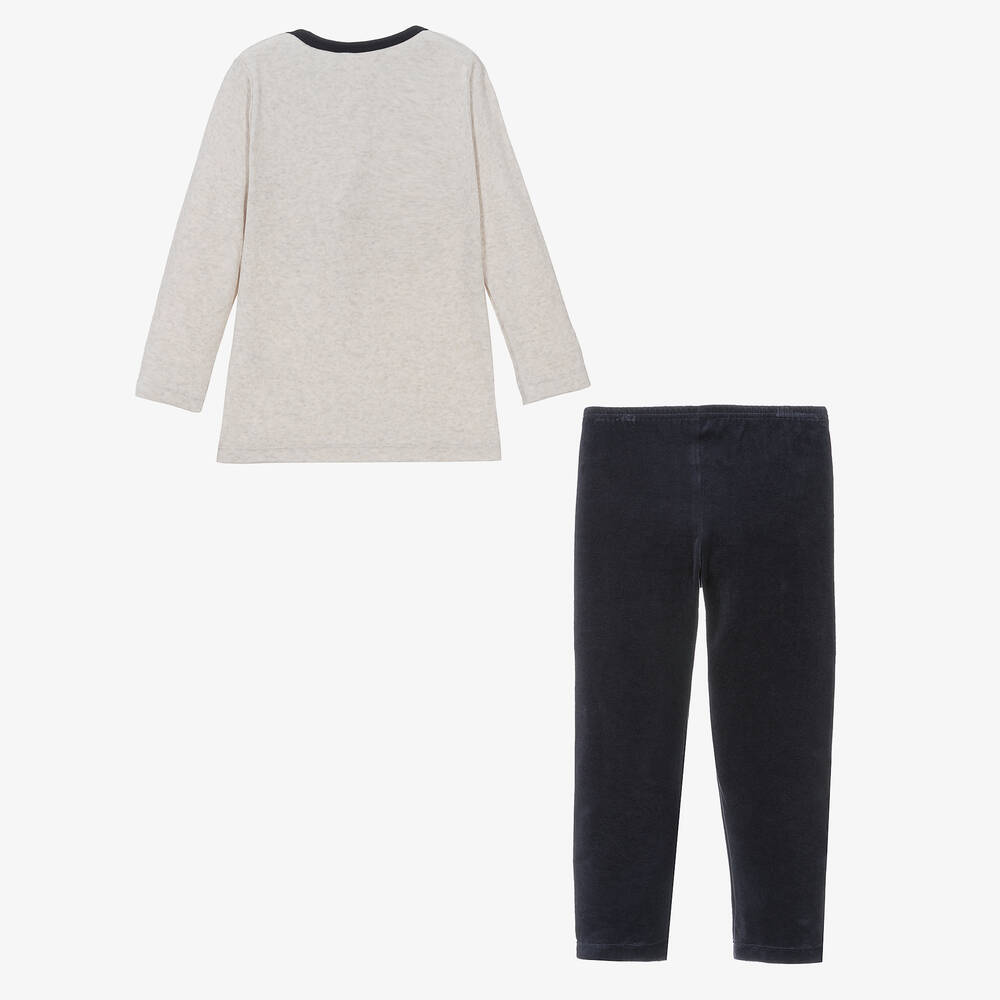 Petit Bateau Boys Beige Navy Blue Velour Pyjamas