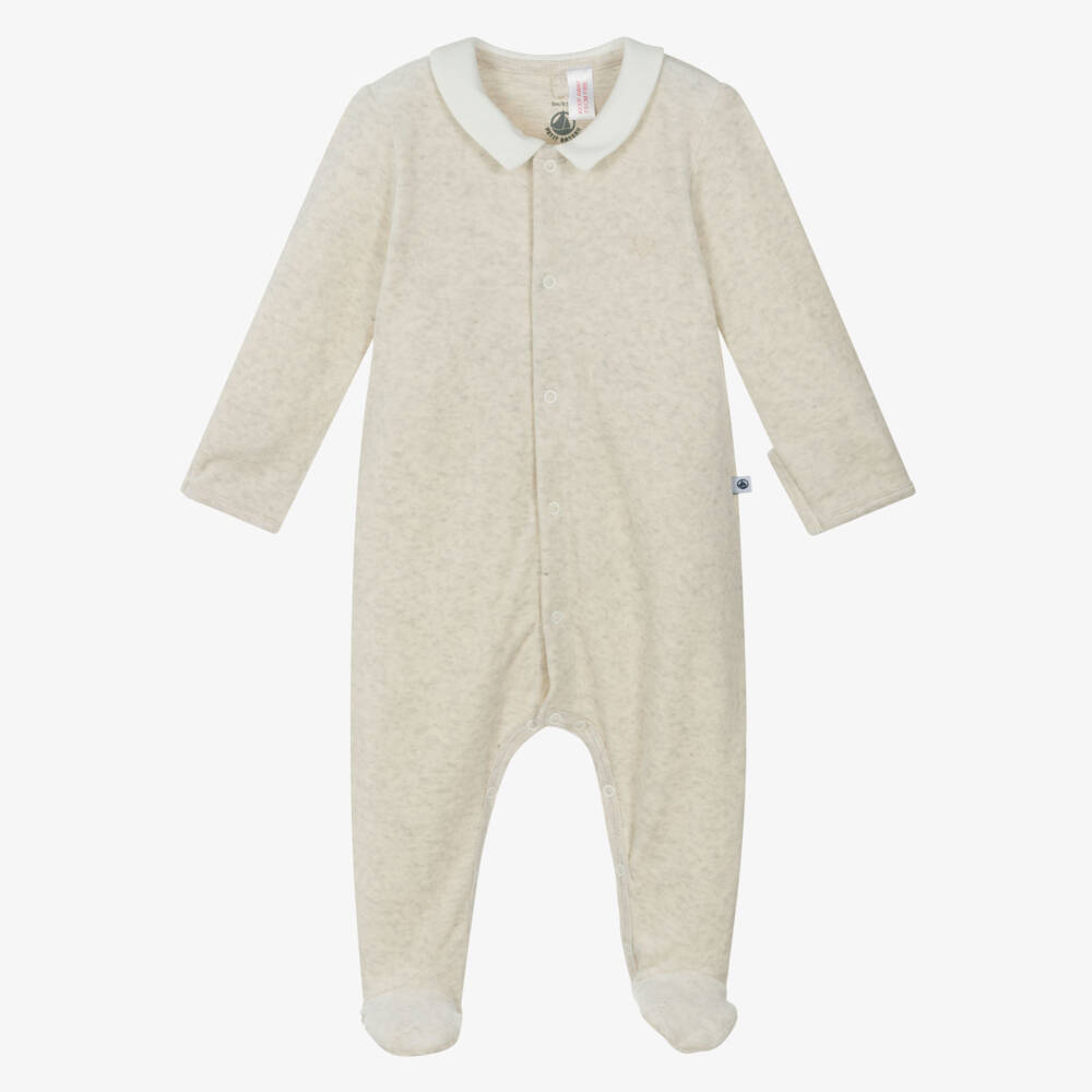 Petit Bateau-Boys Beige Velour Cotton Onesie | Childrensalon Outlet