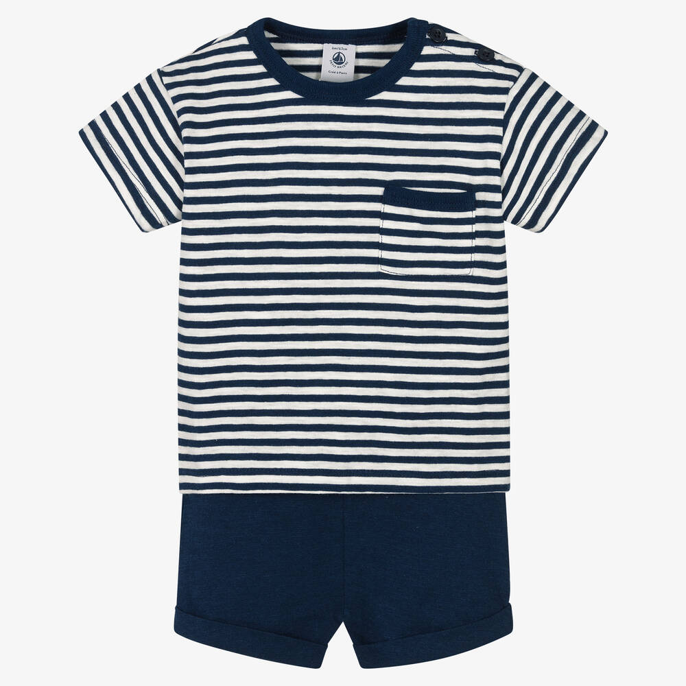 Petit Bateau - Boys Blue Breton Striped Shorts Set | Childrensalon