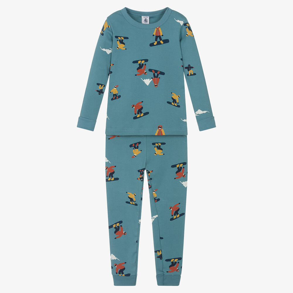 Petit Bateau - Boys Blue Cotton Snowboarder Pyjamas | Childrensalon