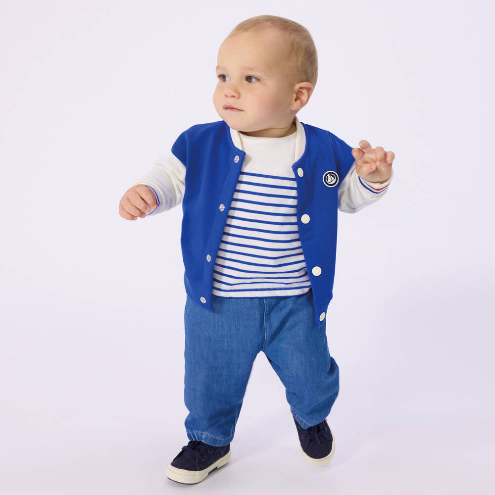 Petit Bateau-Boys Blue & Ivory Colourblock Baseball Jacket | Childrensalon Outlet