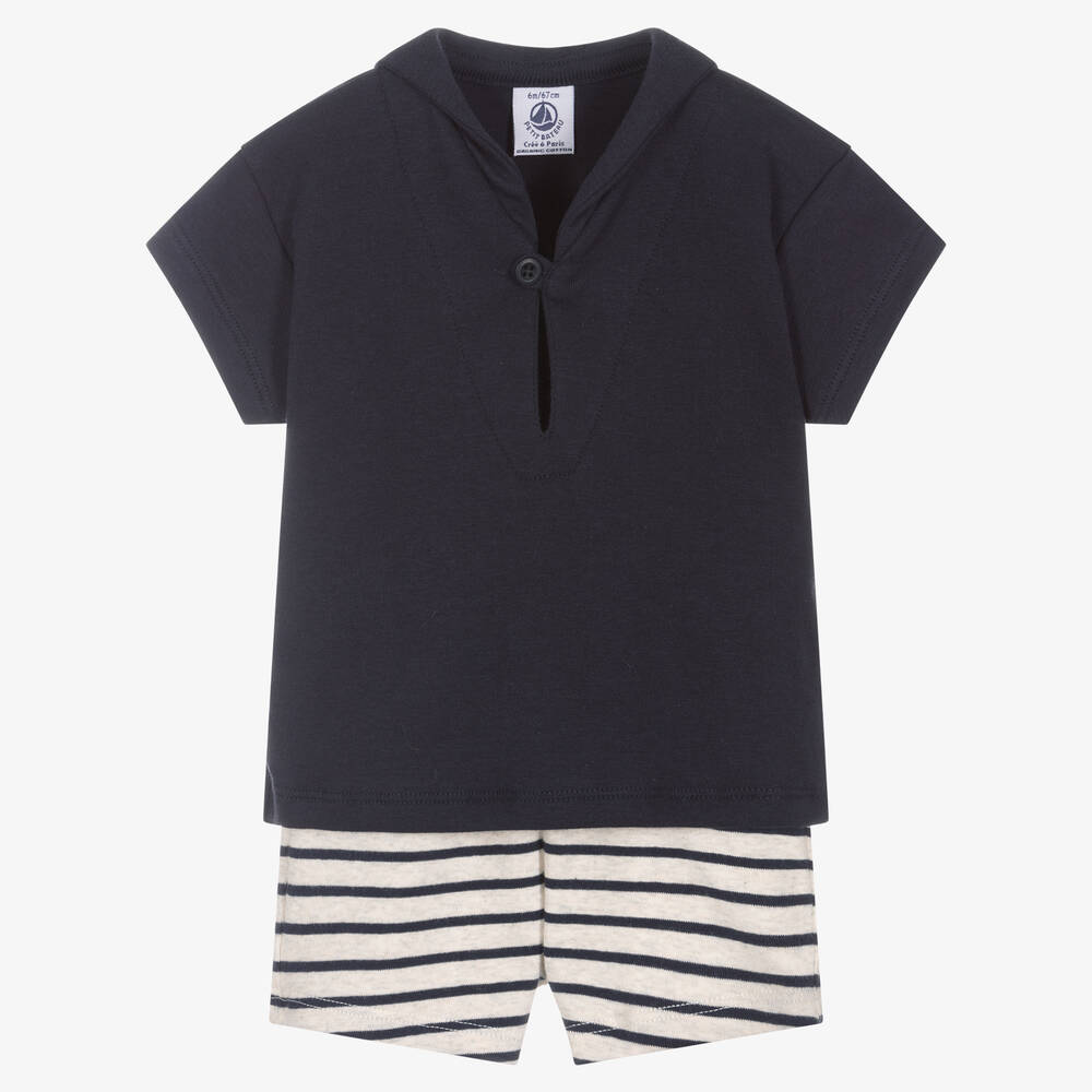 Petit Bateau-طقم شورت أطفال ولادي قطن عضوي مقلم لون كحلي | Childrensalon Outlet