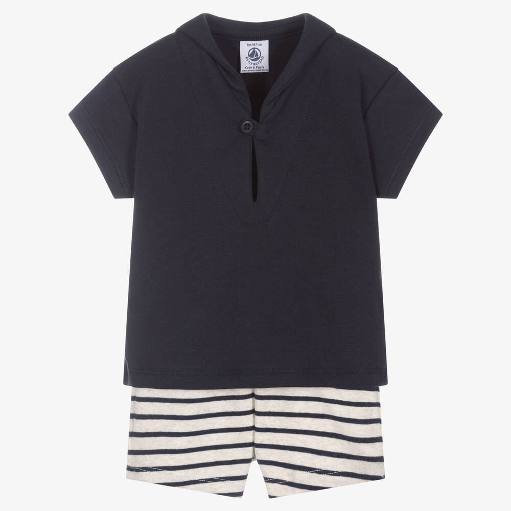 Petit Bateau - Ensemble short bleu rayé coton bio  | Childrensalon