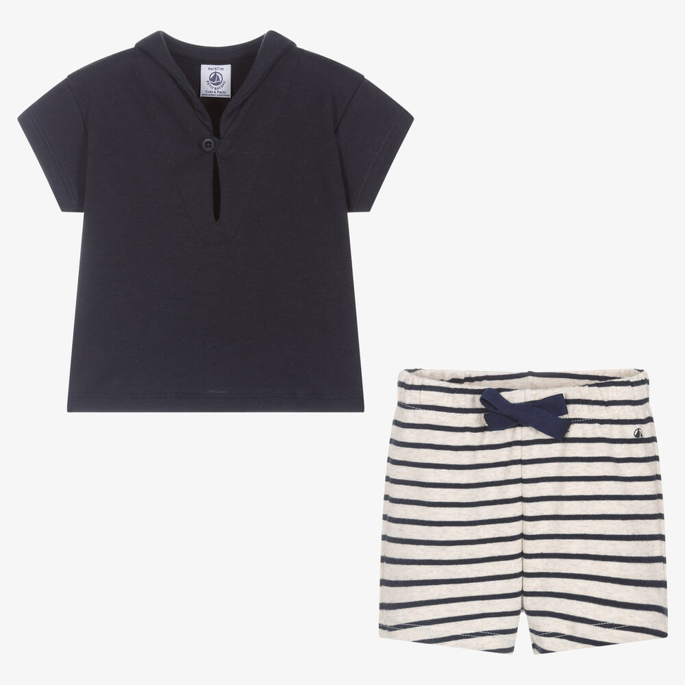 Petit Bateau-Boys Blue Organic Cotton Striped Shorts Set | Childrensalon Outlet