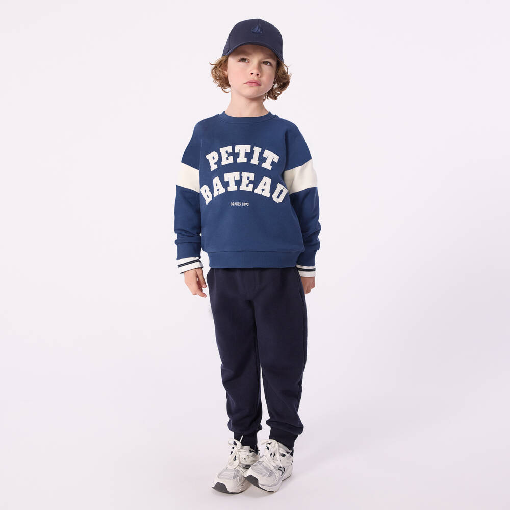 Petit Bateau-Boys Blue Organic Cotton Sweatshirt with Varsity Style Logo | Childrensalon Outlet