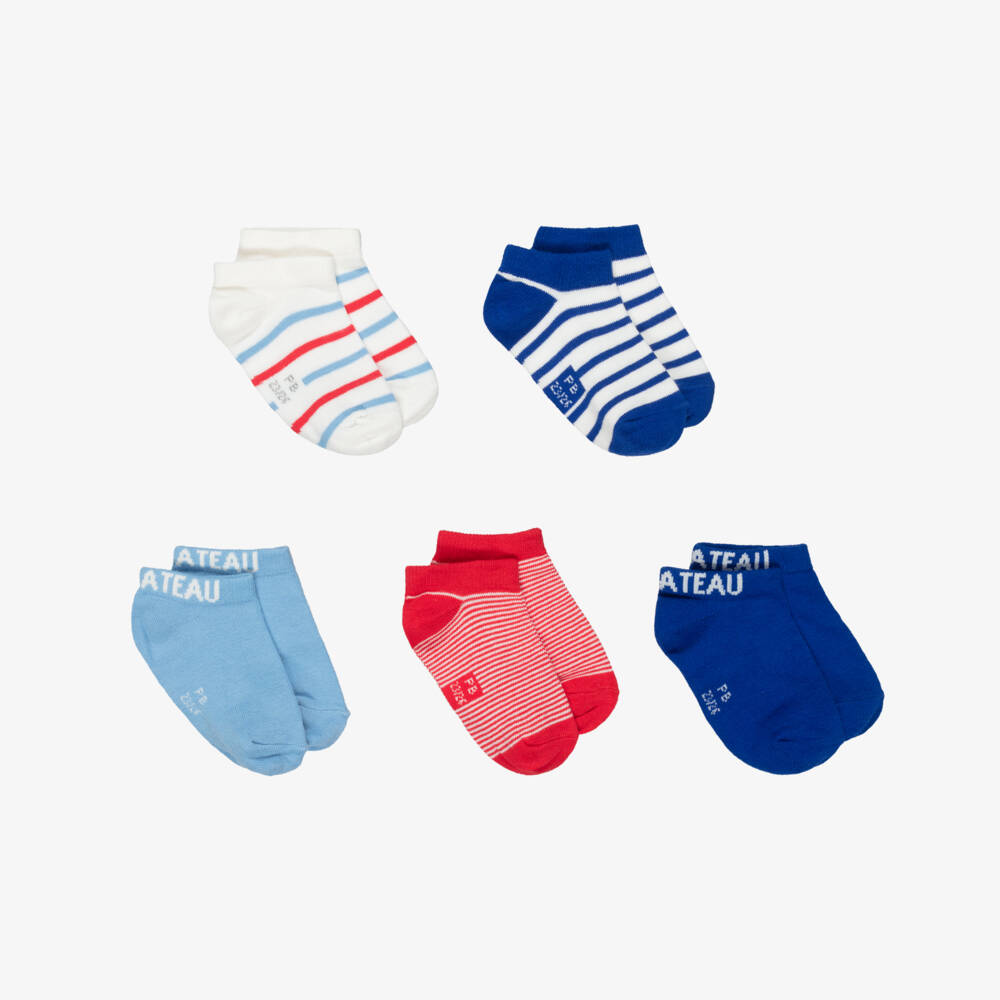 Petit Bateau-Boys Blue & Red Striped Trainer Socks (5 Pack) | Childrensalon Outlet