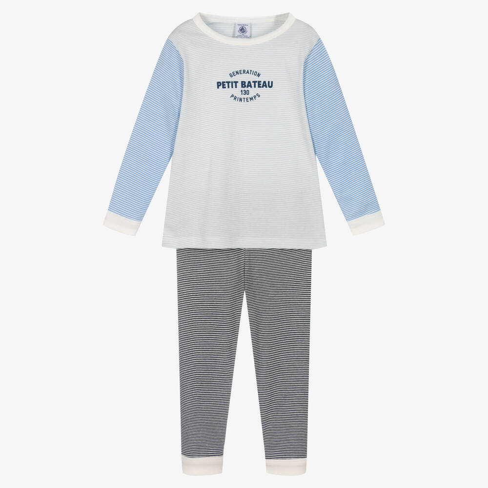 Petit Bateau - Boys Blue Stripe Cotton Pyjamas | Childrensalon
