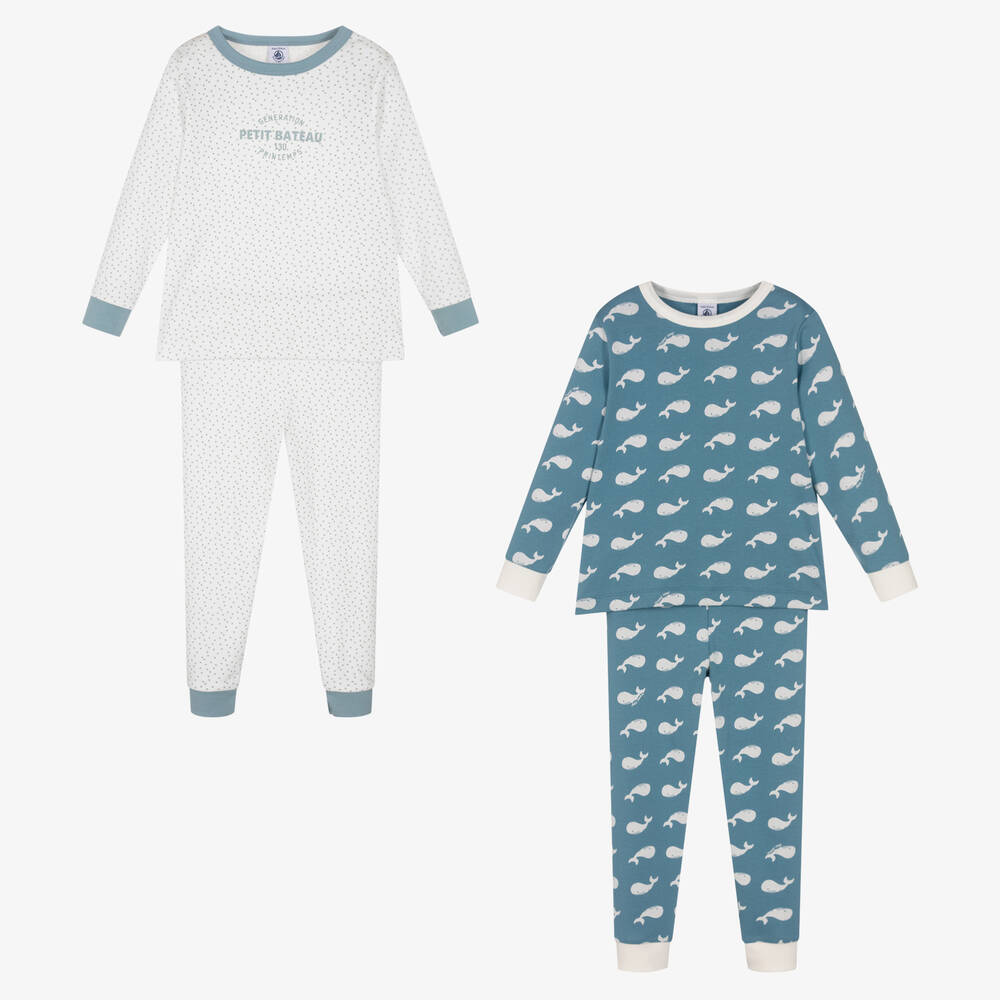 Petit Bateau - Boys Blue & White Cotton Pyjamas (2 Pack) | Childrensalon