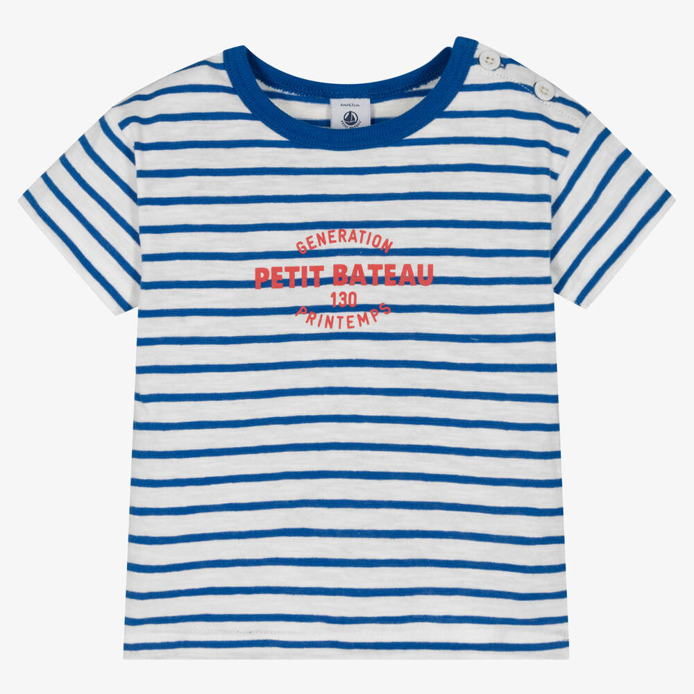 Petit Bateau - Boys Blue & White Striped Cotton T-Shirt | Childrensalon