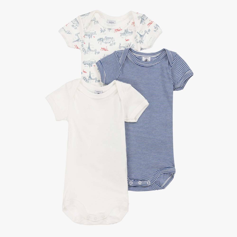Petit Bateau-Boys Cotton Trio: Blue & White Bodysuits | Childrensalon Outlet