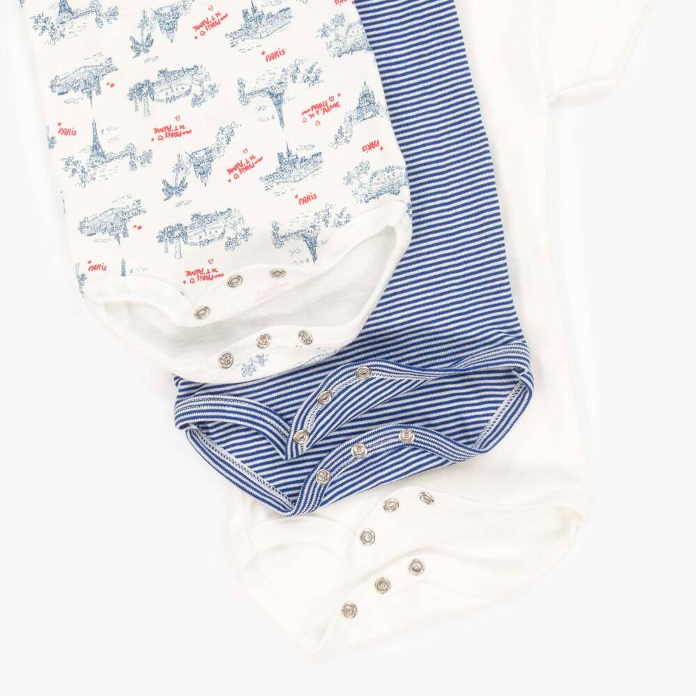 Petit Bateau-Boys Cotton Trio: Blue & White Bodysuits | Childrensalon Outlet