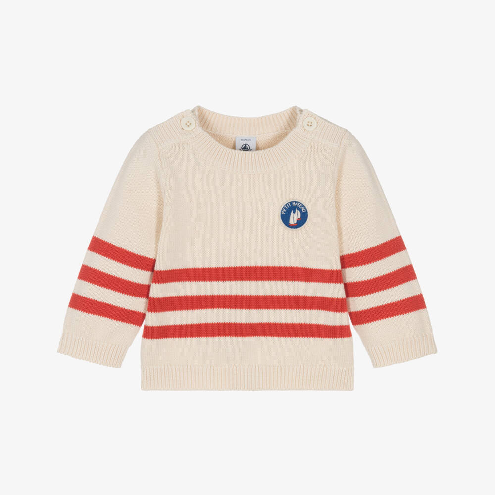 Petit Bateau-Boys Cream & Scarlet Striped Knit Pullover | Childrensalon Outlet