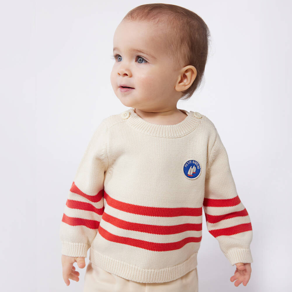 Petit Bateau-Boys Cream & Scarlet Striped Knit Pullover | Childrensalon Outlet