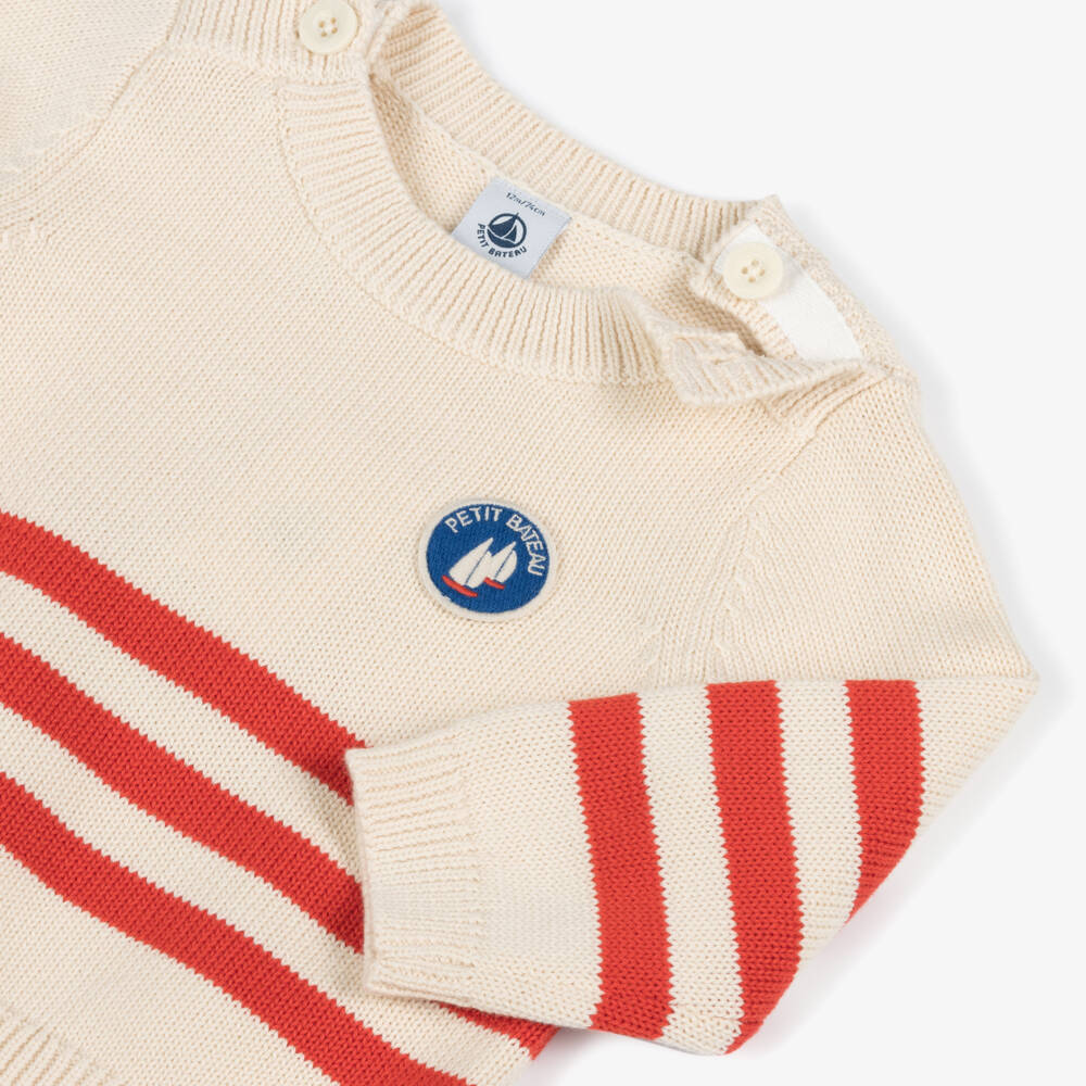 Petit Bateau-Boys Cream & Scarlet Striped Knit Pullover | Childrensalon Outlet