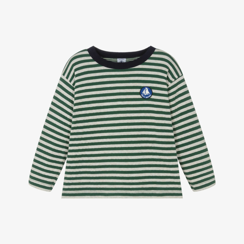 Petit Bateau-Boys Green Cotton Breton Striped Top | Childrensalon Outlet