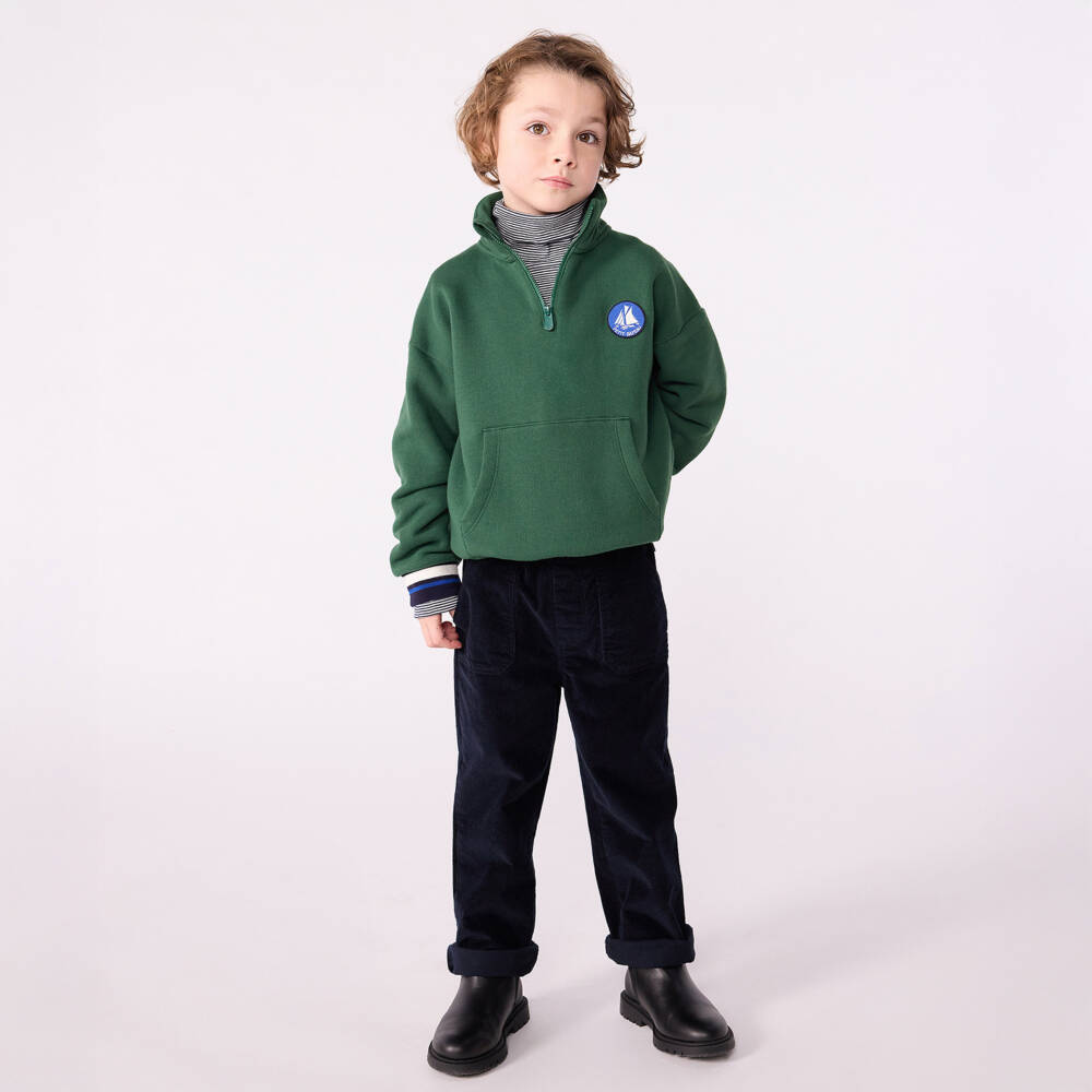 Petit Bateau-Boys Green Cotton Quarter-Zip Sweatshirt | Childrensalon Outlet