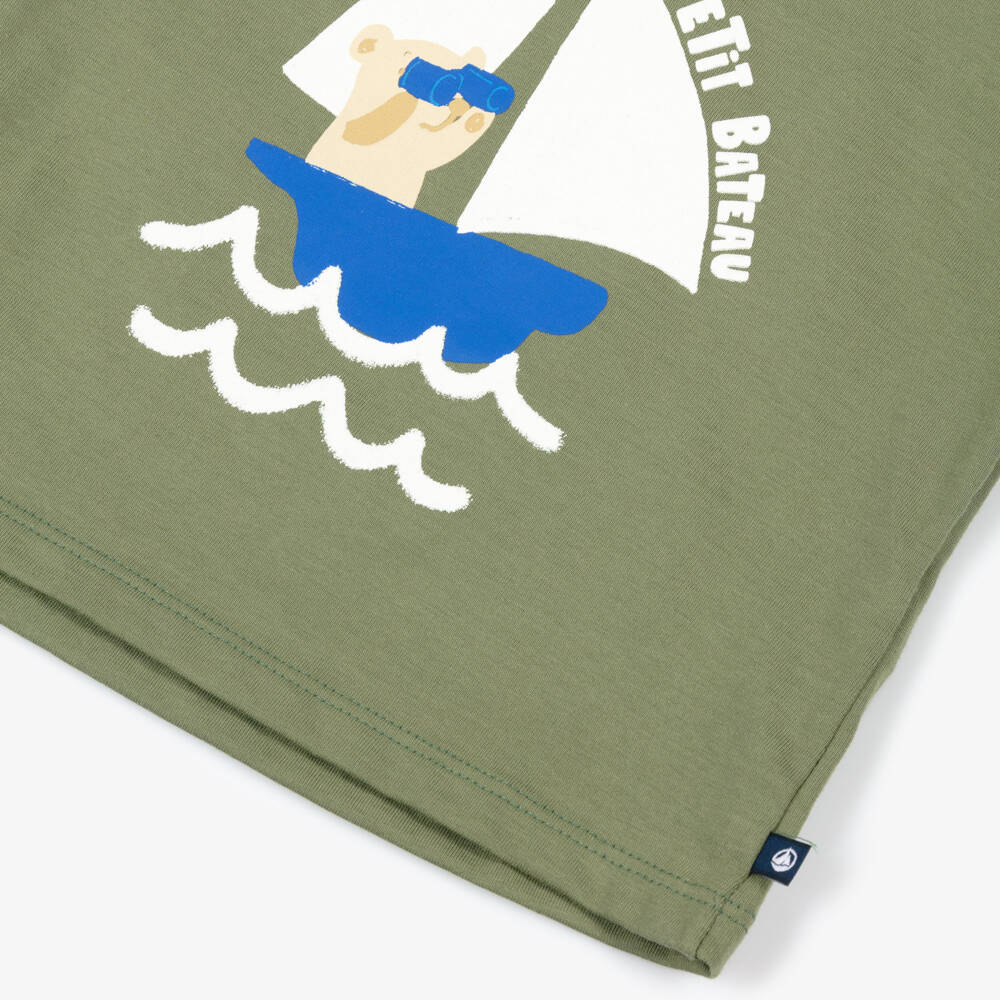 Petit Bateau-Boys Green Cotton T-shirt with Sailboat Motif | Childrensalon Outlet