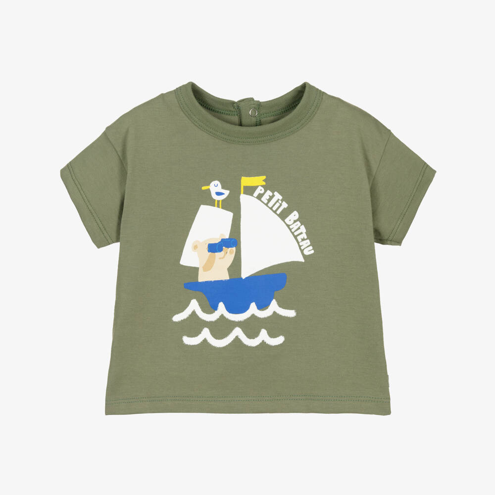 Petit Bateau-Boys Green Cotton T-shirt with Sailboat Motif | Childrensalon Outlet