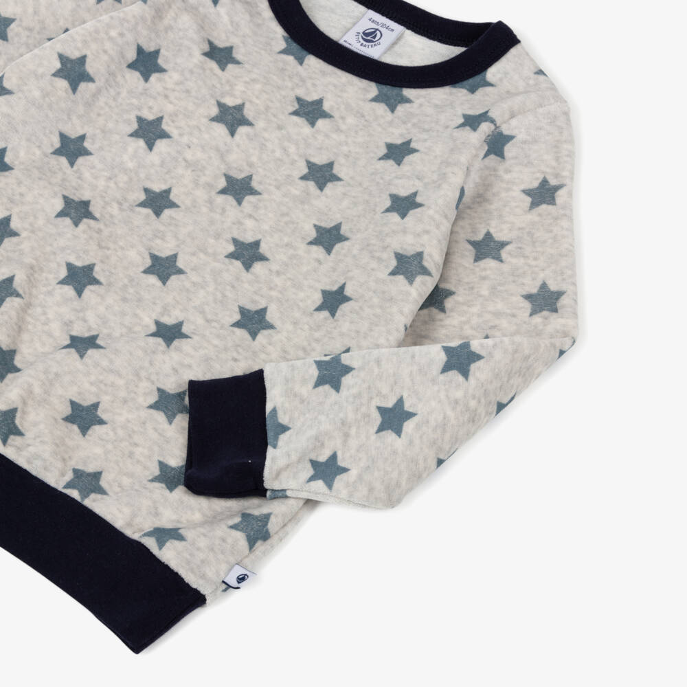 Petit Bateau-Boys Grey & Blue Star Print Velour Pyjamas | Childrensalon Outlet