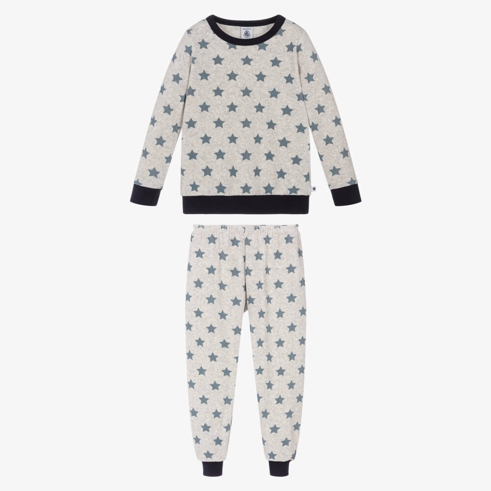 Petit Bateau-Boys Grey & Blue Star Print Velour Pyjamas | Childrensalon Outlet
