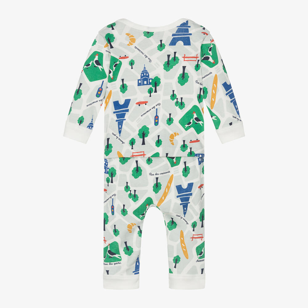 Petit Bateau-Boys Grey Cotton Paris-Print Babygrow | Childrensalon Outlet