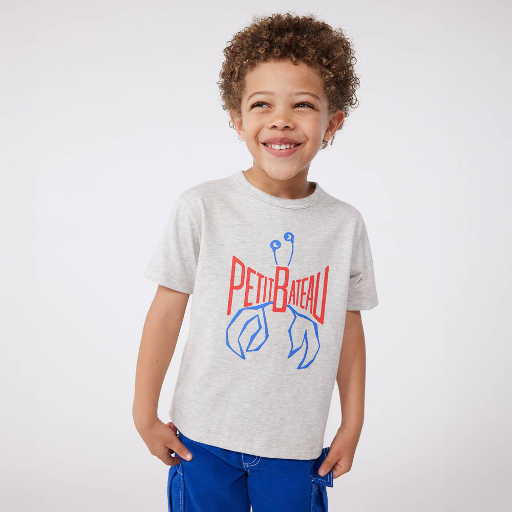 Petit Bateau-Boys Grey Cotton Sea Creature Tee | Childrensalon Outlet