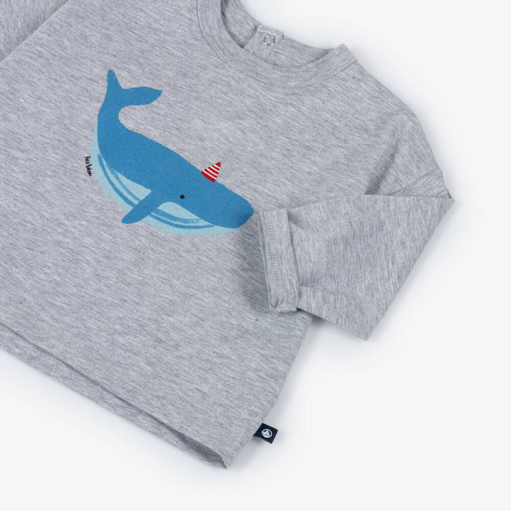 Petit Bateau-Boys Grey Marl Cotton Whale Top | Childrensalon Outlet