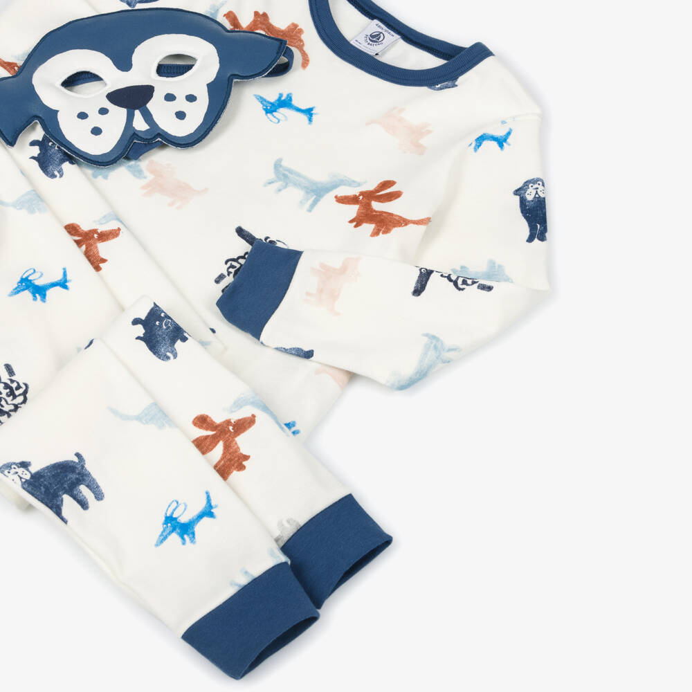 Petit Bateau-Boys Ivory & Blue Dog Print Pyjamas with Mask | Childrensalon Outlet