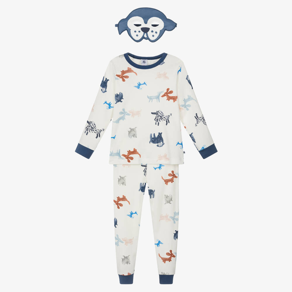 Petit Bateau-Boys Ivory & Blue Dog Print Pyjamas with Mask | Childrensalon Outlet