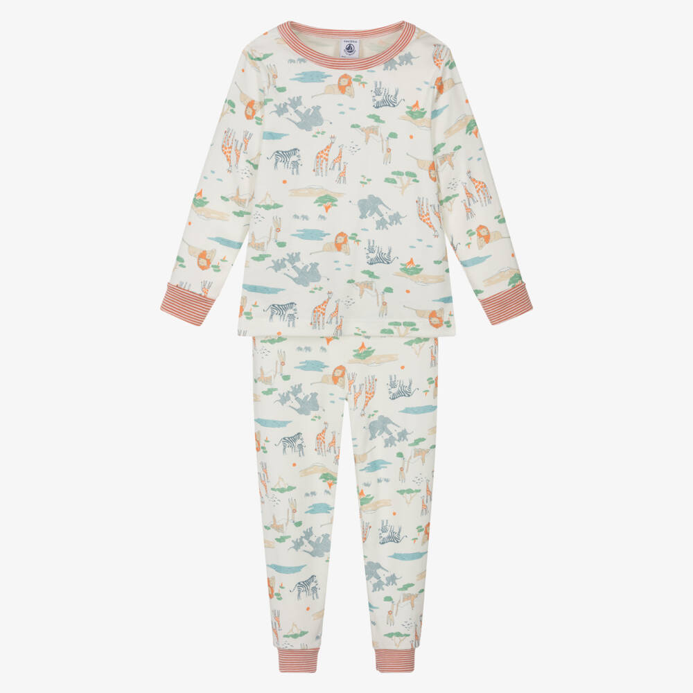 Petit Bateau-Boys Ivory Cotton Pyjamas with Safari Animal Print | Childrensalon Outlet