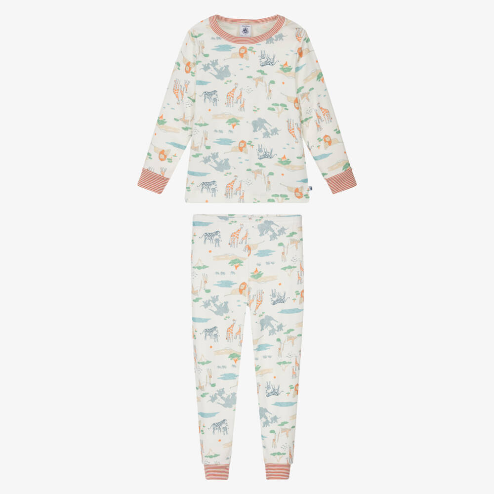 Petit Bateau-Boys Ivory Cotton Pyjamas with Safari Animal Print | Childrensalon Outlet