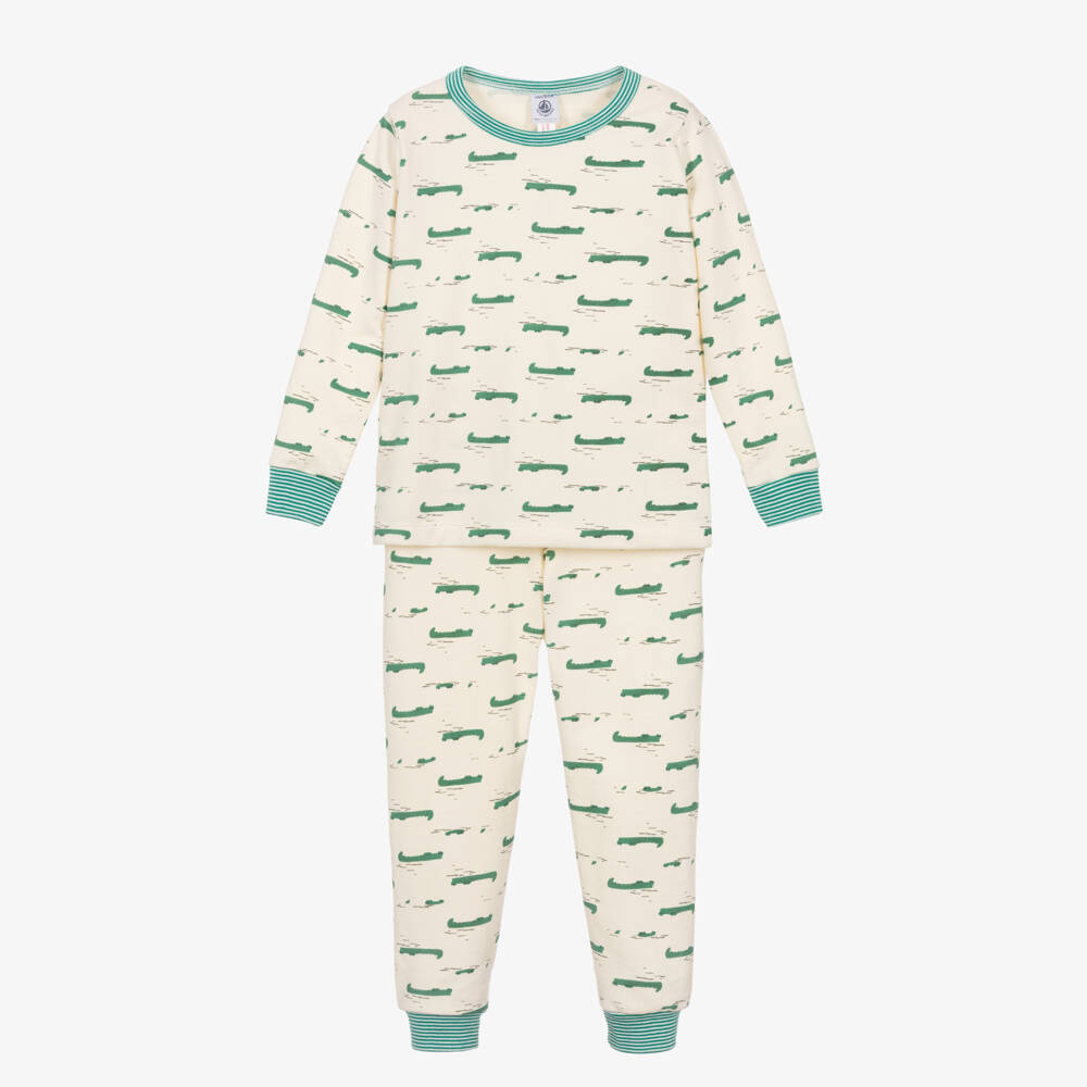 Petit Bateau-Boys Ivory & Green Cotton Crocodile Print Long Pyjamas | Childrensalon Outlet