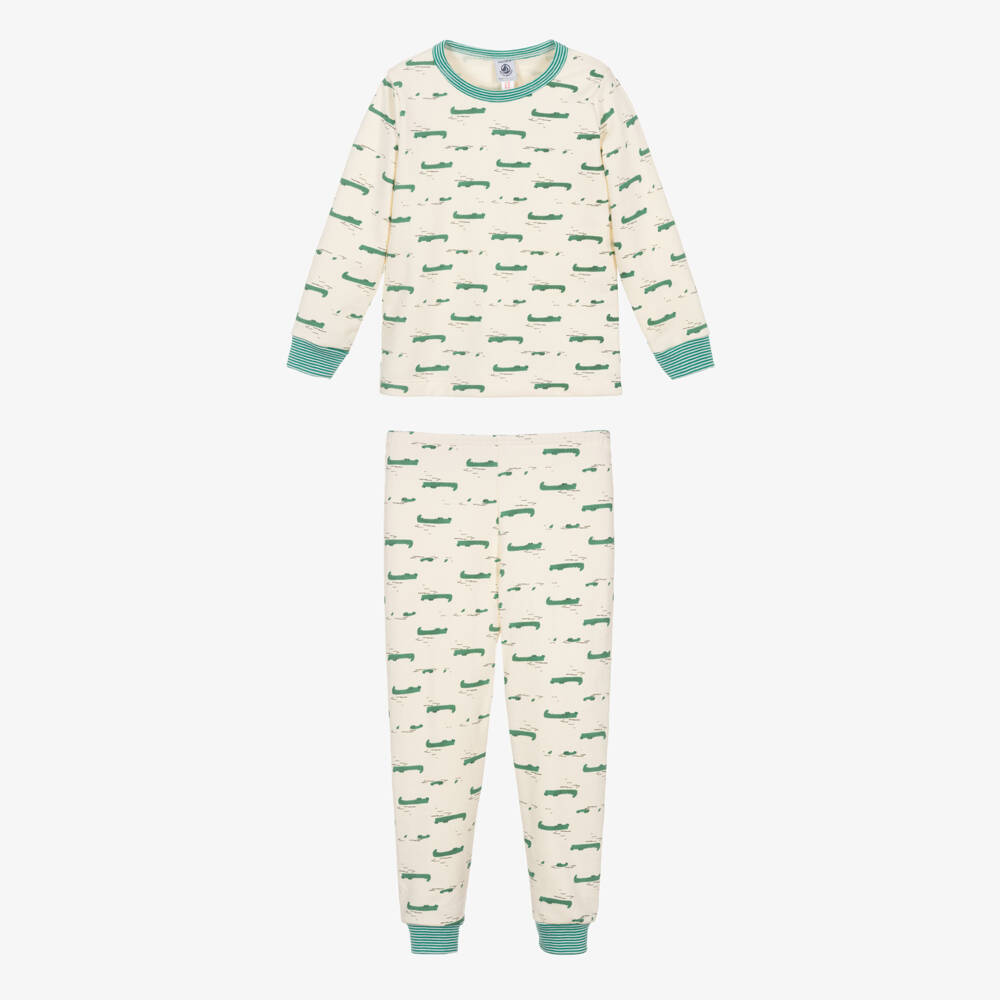 Petit Bateau-Boys Ivory & Green Cotton Crocodile Print Long Pyjamas | Childrensalon Outlet