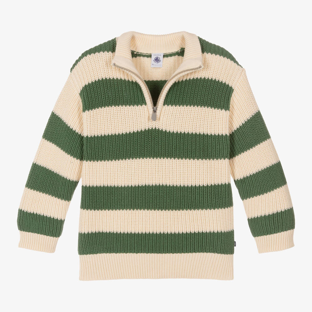 Petit Bateau-بلوفر مقلم قطن محبوك لون عاجي وأخضر للأولاد | Childrensalon Outlet