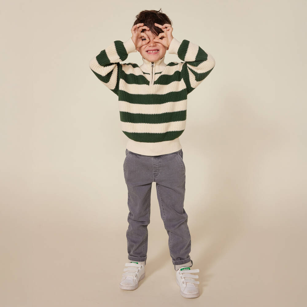 Petit Bateau-بلوفر مقلم قطن محبوك لون عاجي وأخضر للأولاد | Childrensalon Outlet