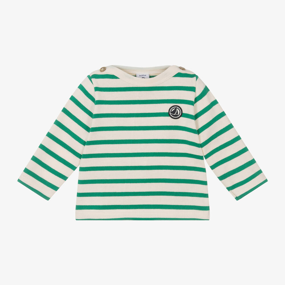 Petit Bateau-Boys Ivory & Green Stripe Cotton Top | Childrensalon Outlet