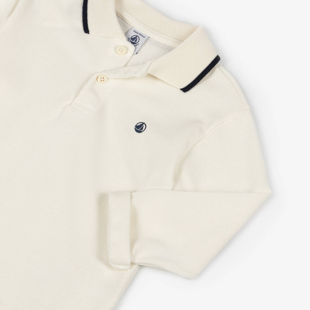 Petit Bateau-Boys Ivory Long-Sleeve Polo Shirt | Childrensalon Outlet