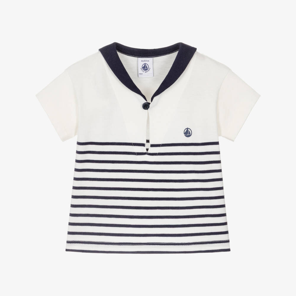 Petit Bateau-Boys Ivory & Navy Blue Striped Cotton Sailor Top | Childrensalon Outlet