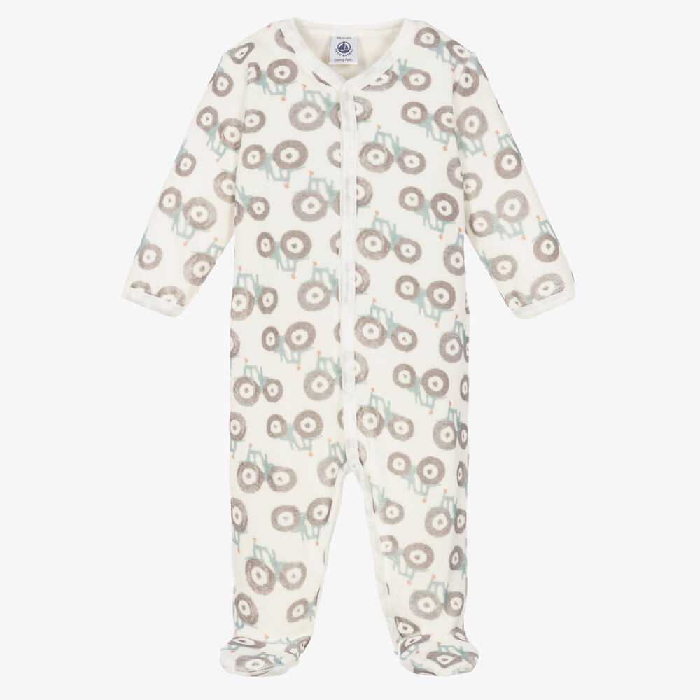 Petit Bateau - Boys Ivory Organic Cotton Tractor Babygrow | Childrensalon