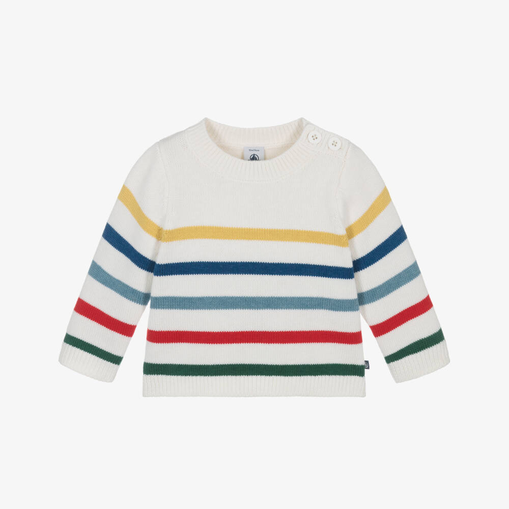 Petit Bateau-Boys Ivory Wool & Cotton Striped Sweater | Childrensalon Outlet