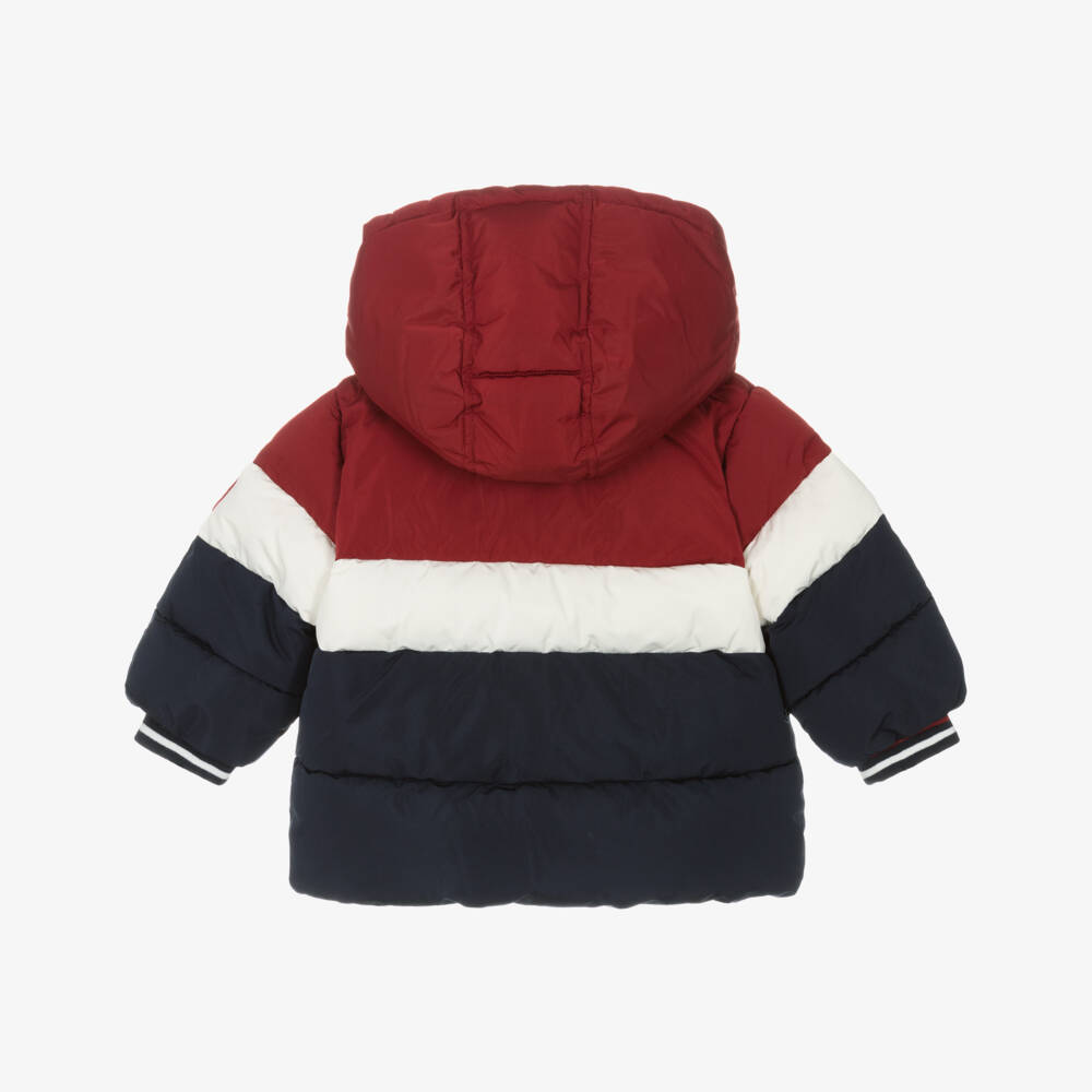 Petit Bateau-Boys Navy Blue, Red & Ivory Striped Puffer Jacket with Hood | Childrensalon Outlet