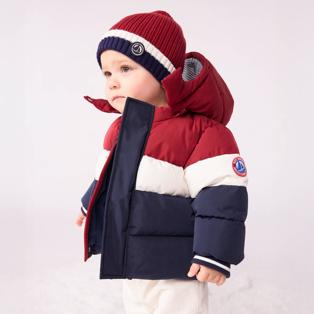 Petit Bateau-Boys Navy Blue, Red & Ivory Striped Puffer Jacket with Hood | Childrensalon Outlet
