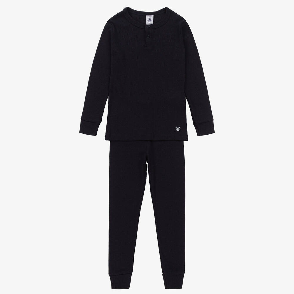 Petit Bateau - Navyblauer Baumwollripp-Schlafanzug | Childrensalon