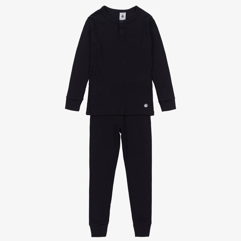 Petit Bateau - Boys Navy Blue Ribbed Cotton Pyjamas | Childrensalon