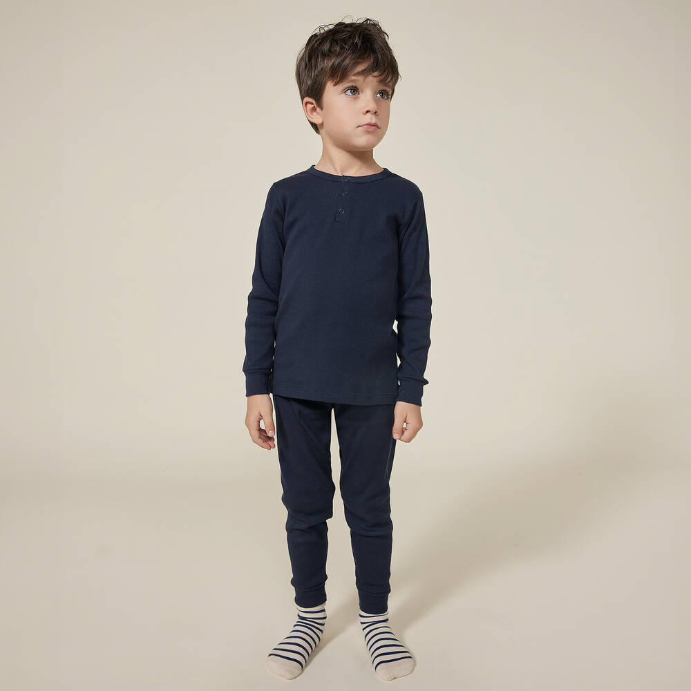 Petit Bateau-Boys Navy Blue Ribbed Cotton Pyjamas | Childrensalon Outlet