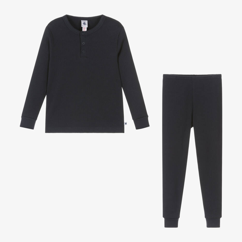 Petit Bateau-Boys Navy Blue Ribbed Cotton Pyjamas | Childrensalon Outlet