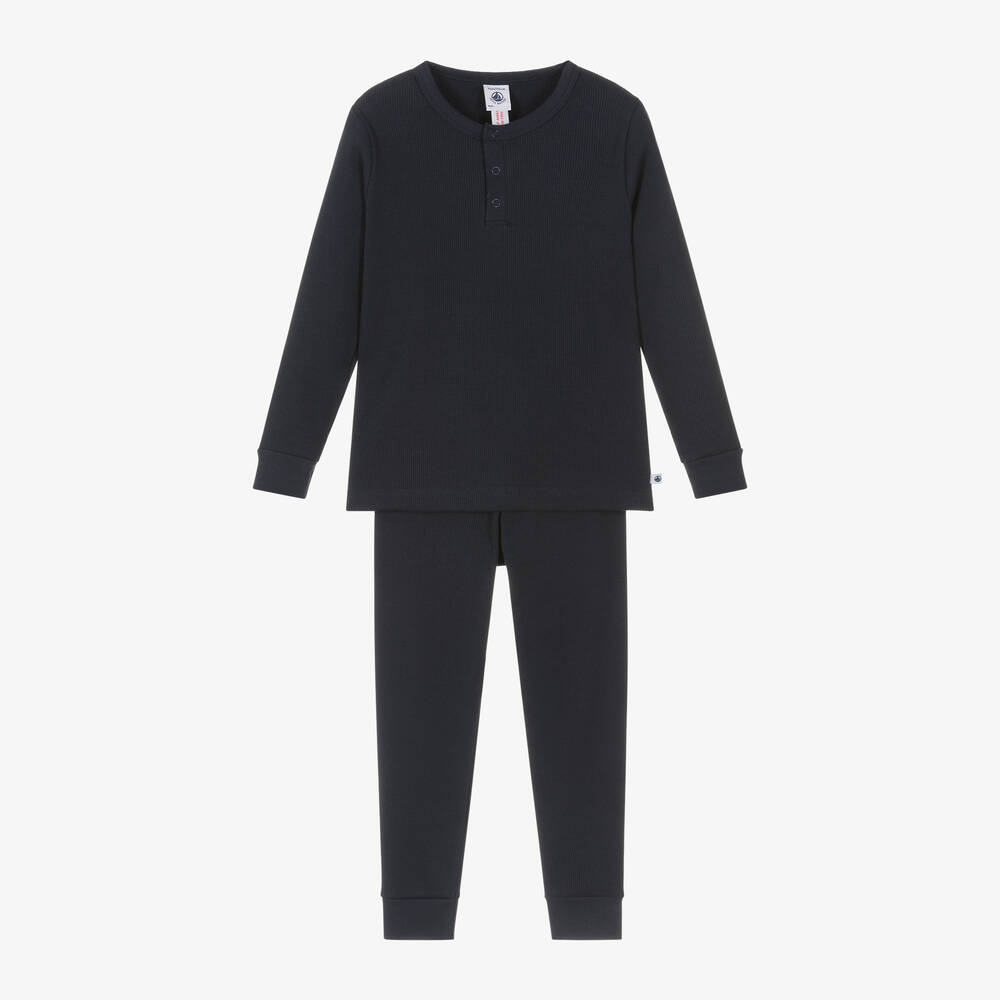 Petit Bateau-Boys Navy Blue Ribbed Cotton Pyjamas | Childrensalon Outlet