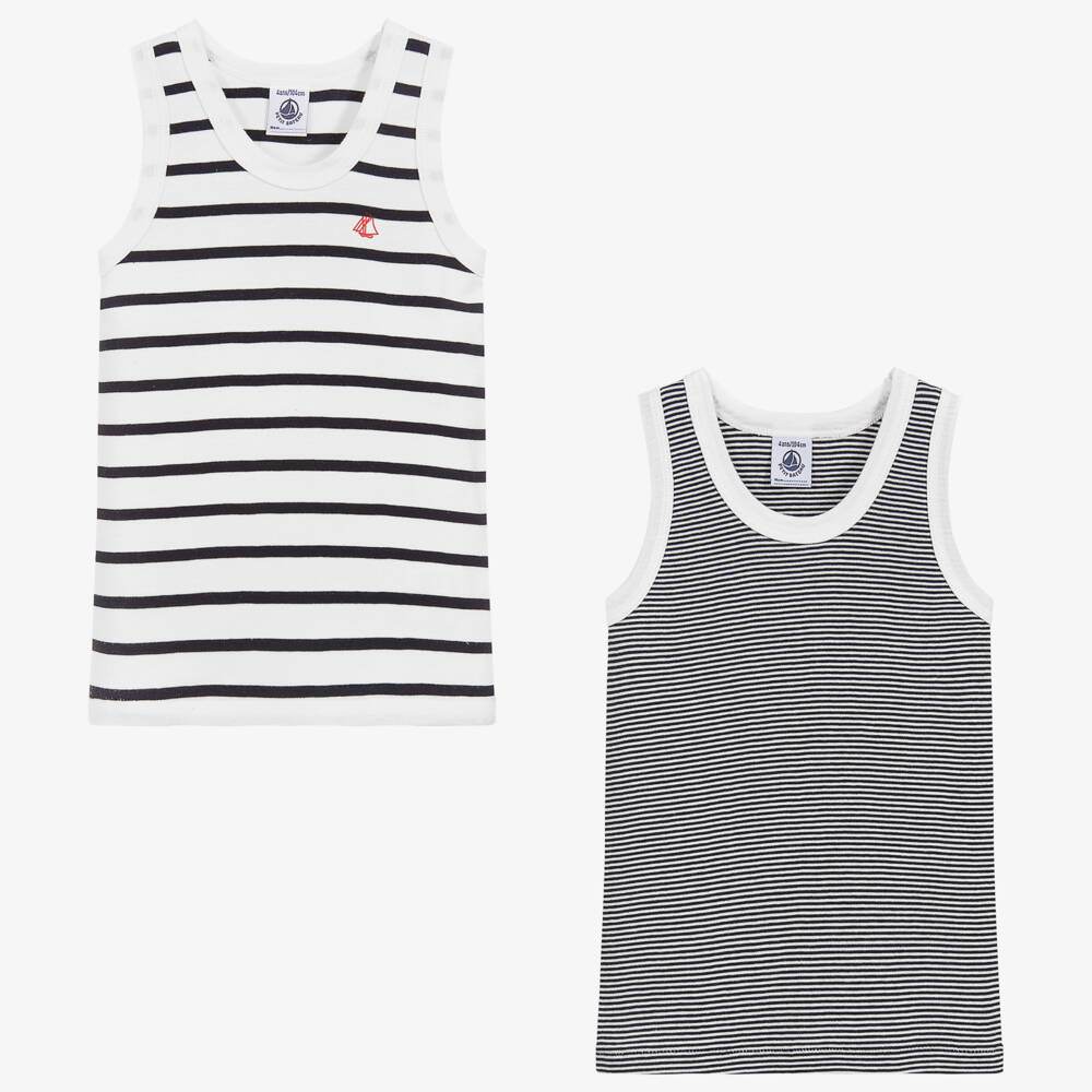 Petit Bateau-Boys Navy Striped Cotton Vests Duo | Childrensalon Outlet