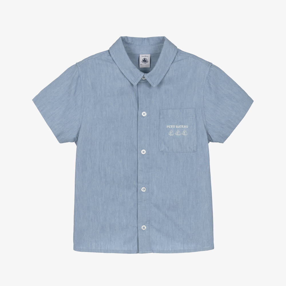 Petit Bateau-Boys Pale Blue Chambray Logo Shirt | Childrensalon Outlet