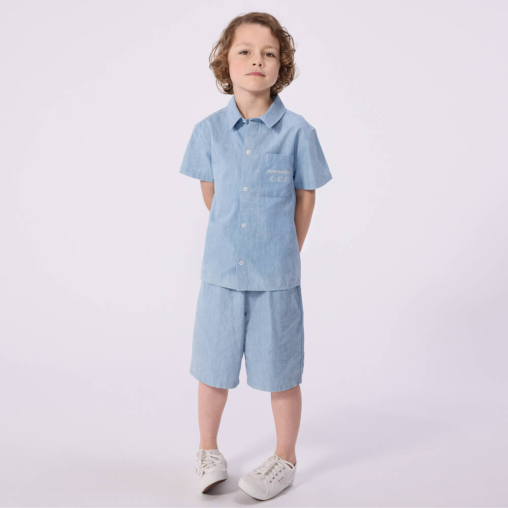 Petit Bateau-Boys Pale Blue Chambray Logo Shirt | Childrensalon Outlet